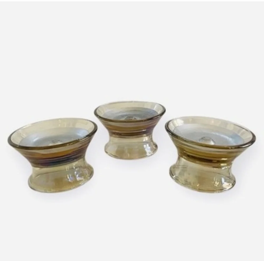 Set of 3 Vintage Glass Pedestal Candle Holders Brown Silver Magnet Base Modern